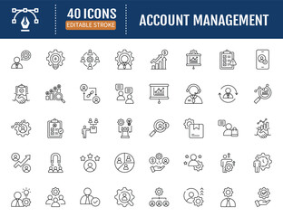 Account management line icon set. Includes
client engagement, retention, sales support,
verified, business presentation, contract
negotiation, upselling. Vector Illustration with
Editable Strokes