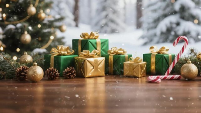 Festive Christmas scene featuring wrapped gifts surrounded by decorations like pine cones, candy canes, and ornaments. Perfect for holiday themes and merry celebrations.