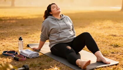 Plus size woman relaxing on yoga mat after workout. Body positive and active lifestyle concept. Curvy happy female resting in park at sunset. Self-care, wellness and health.