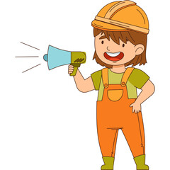 Smiling Construction Worker Child In Orange Overalls And Yellow Hard Hat Holding Megaphone And Speaking Loudly With Sound Waves Isolated On White Background