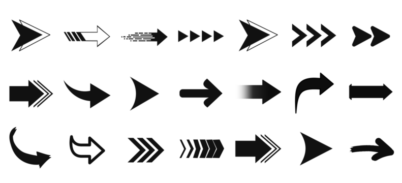 Variety of Arrow Designs Pointing Right Black Arrows Illustration Set Directional Icons Graphic Elements Collection