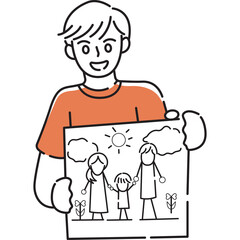 Smiling Man Holding a Childlike Drawing of a Family with Sun Clouds and Plants on a Transparent Background