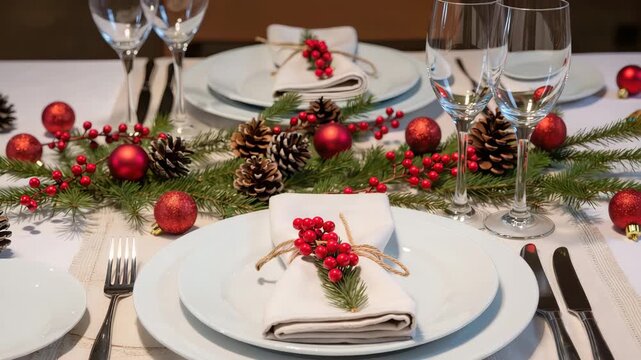 Beautiful Christmas dinner table decorated with pinecones, red ornaments, fir twigs, and napkins with berries. Plates and glasses arranged for a holiday meal. Cozy festive mood.