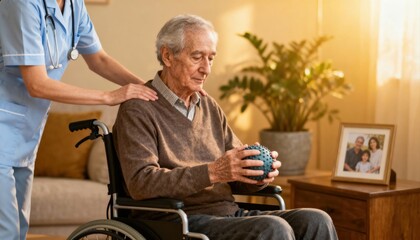 Elderly man with Parkinson's disease in wheelchair holding stress ball for physical therapy. Nurse assisting patient at home. Concept for healthcare, rehabilitation, and senior care.