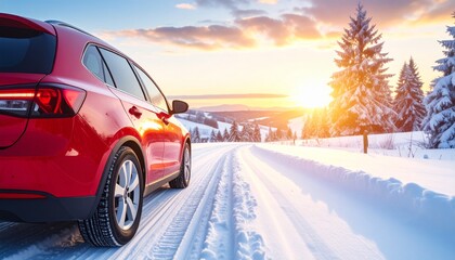 Red car on snowy road