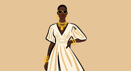 Elegant woman in white dress with gold jewelry poses