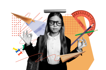 Creative abstract template collage of funny focused schoolgirl meditate education studying school day shopping unusual billboard comics