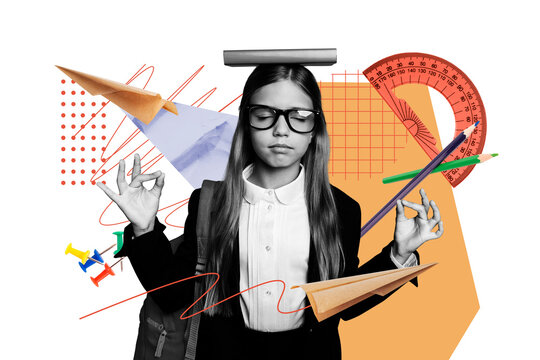 Creative abstract template collage of funny focused schoolgirl meditate education studying school day shopping unusual billboard comics