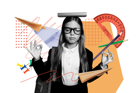 Creative abstract template collage of funny focused schoolgirl meditate education studying school day shopping unusual billboard comics