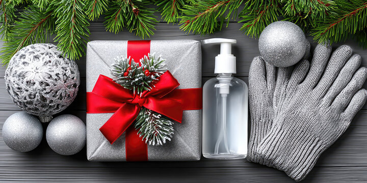 Flat lay of Christmas ornaments combined with virus protection items including hand sanitizer, gloves, mask, and festive gift box, modern symbolic health and safety concept with copy space