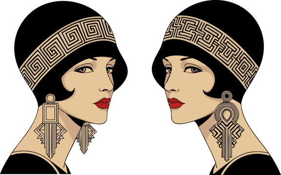 Flapper girls in art deco style with vintage earrings
