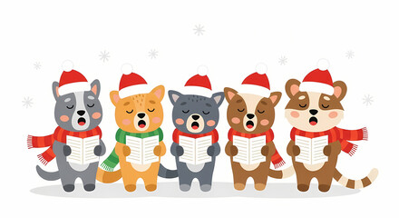 Vector illustration of a group of characters in red jackets singing or parading in the snow, representing a Christmas choir or carolers.
