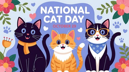 Three charming pixel art cats, one black, one orange, and one tuxedo with glasses, celebrate national cat day on october 29th