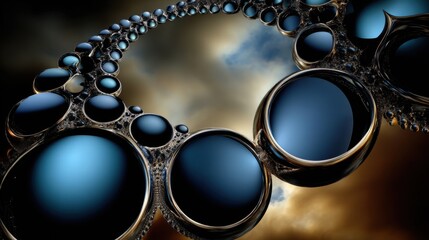 Fractal Loop. Digital art: a mesmerizing spiral of glossy blue spheres against a dramatic sky.