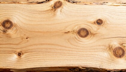 Live edge pine wood slab with knots. Textured raw timber surface background. Natural rustic wooden plank with grain pattern. Carpentry, joinery, and furniture design material.