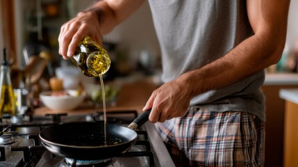 Cooking. A man pours vegetable or olive oil from a glass bottle into a frying pan on the stove.