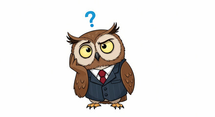Humorous illustration of an owl wearing a suit jacket and glasses, looking confused with a question mark floating above its head.