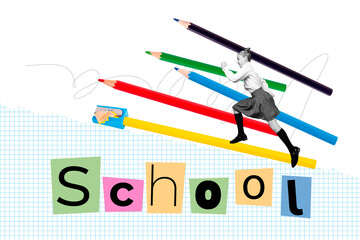 Composite photo collage of cute blonde girl run colorful pencils sharpener art lesson education study isolated on painted background