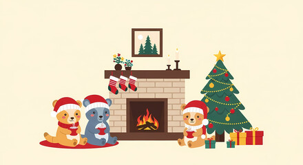 Naklejka premium Vector illustration of a cozy interior scene featuring a brick fireplace, hanging Christmas stockings, and a pile of gifts next to the Christmas tree.