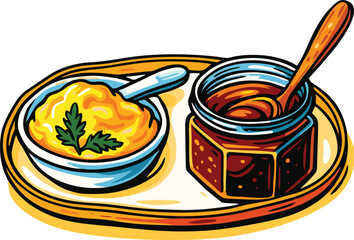 Delicious honey and butter on wooden tray perfect for breakfast table