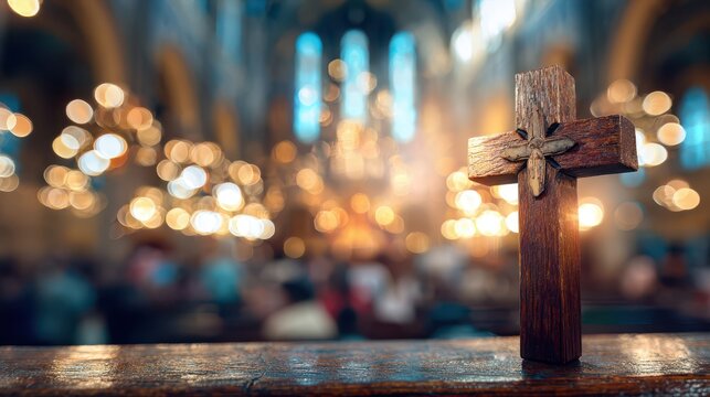 Christian Volunteer. Church Home Background for Sunday Service with Jesus and Cross. Worship and Praise in Catholic Community. Online Christmas