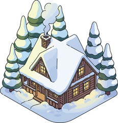 Vector art of cozy winter cabin in a snowy forest