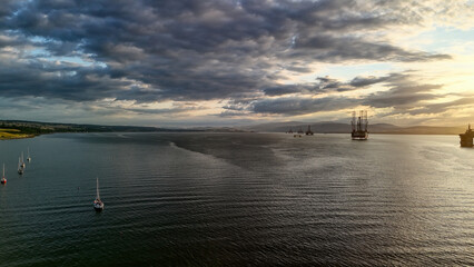 drone shot of oil rigging platform in scotland