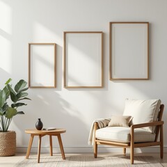 a corner with an armchair and three empty frames on the wall