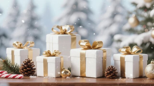 Festive Christmas scene featuring wrapped gifts surrounded by decorations like pine cones, candy canes, and ornaments. Perfect for holiday themes and merry celebrations.