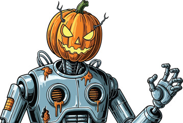 Vector art of scary robot with a pumpkin head