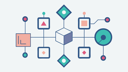 Fototapeta premium A flowchart style graphic illustrating the steps in digital transformation with minimal arrows and geometric shapes guiding the viewers eye.