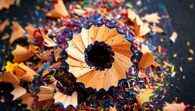 Colorful pencil shavings spiral around a sharpener showcasing artistic creativity at a workstation