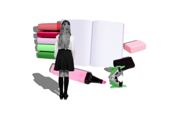 Composite photo collage of small teenage schoolgirl stand back education planner marker gum supplies lesson isolated on painted background