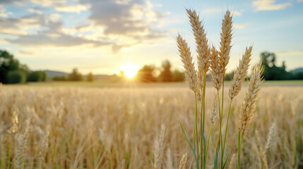 Naklejka premium Golden wheat stalks sway gently in sunlit field, creating serene and warm atmosphere