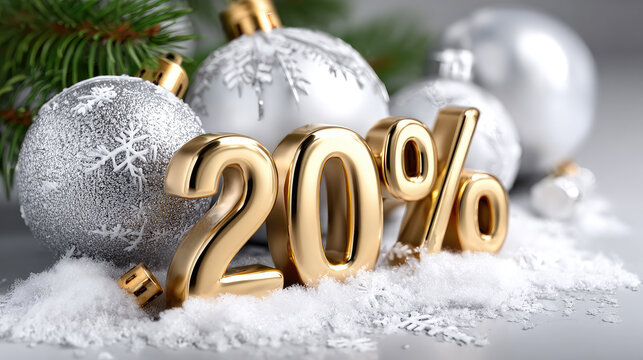 Twenty percent off sale, 3d rendered golden numbers with glittering silver texture showing special discount, standing on Christmas snow with festive golden baubles