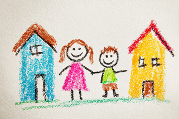 Cheerful children's drawing of a happy family with colorful houses on a sunny day