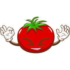 Smiling Tomato Character with Closed Eyes and Raised Hands Gesturing Perfection on a Transparent Background