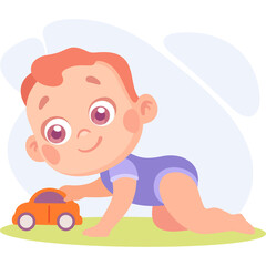 Smiling Toddler Crawling On Green Grass Playing With A Small Orange Toy Car With A Light Blue Background And Soft Cloud Shapes