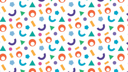 Abstract geometric confetti seamless pattern. Colourful confetti shapes for party celebration and festive events. modern background with playful shapes, circles, triangles, and curves. Vector 