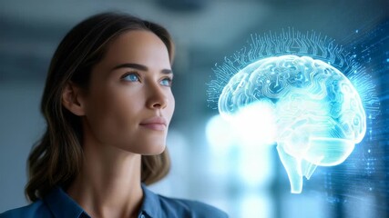 A young professional woman stands in a contemporary workspace, focusing on a glowing AI brain projection. The image represents technology, intelligence, and future business trends - Powered by Adobe