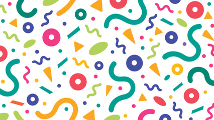 Abstract geometric confetti seamless pattern. Colourful confetti shapes for party celebration and festive events. modern background with playful shapes, circles, triangles, and curves. Vector 