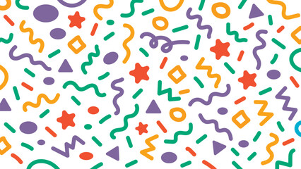 Abstract geometric confetti seamless pattern. Colourful confetti shapes for party celebration and festive events. modern background with playful shapes, circles, triangles, and curves. Vector 