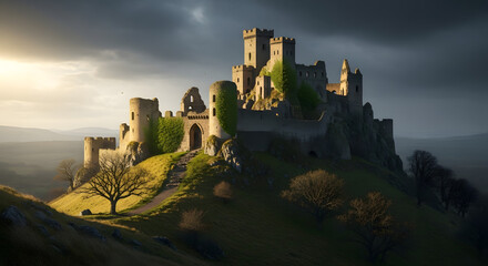 Obraz premium Majestic castle perched atop a hill, bathed in golden sunlight at dusk
