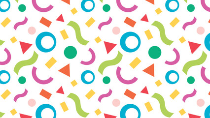 Abstract geometric confetti seamless pattern. Colourful confetti shapes for party celebration and festive events. modern background with playful shapes, circles, triangles, and curves. Vector 