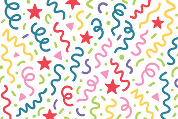 Abstract geometric confetti seamless pattern. Colourful confetti shapes for party celebration and festive events. modern background with playful shapes, circles, triangles, and curves. Vector 