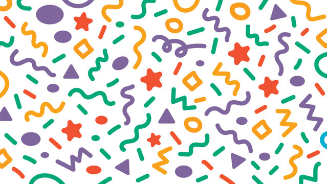 Abstract geometric confetti seamless pattern. Colourful confetti shapes for party celebration and festive events. modern background with playful shapes, circles, triangles, and curves. Vector 