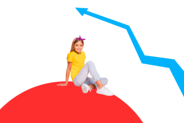 Composite photo collage of happy girl employee receive promotion development arrow trade business concept isolated on painted background