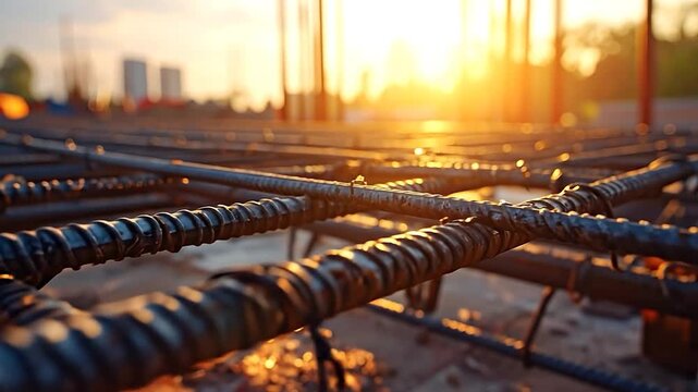 Steel rebar reinforcement grid on a construction site, bathed in warm sunset light