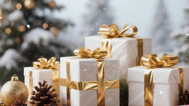 Festive Christmas scene featuring wrapped gifts surrounded by decorations like pine cones, candy canes, and ornaments. Perfect for holiday themes and merry celebrations.