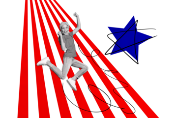 Composite collage image of excited little girl national independence america day fourth july concept bizarre unusual fantasy billboard